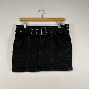 Grunge Y2K Windsor Women Lg Black‎ Denim Cargo Mini Skirt Grommet Belt TS66-BLK